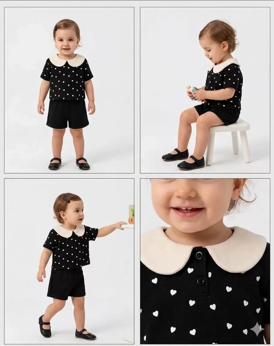 9/24 Ay Bebe Yaka Piti Kalp Baskılı Bebek Takımı