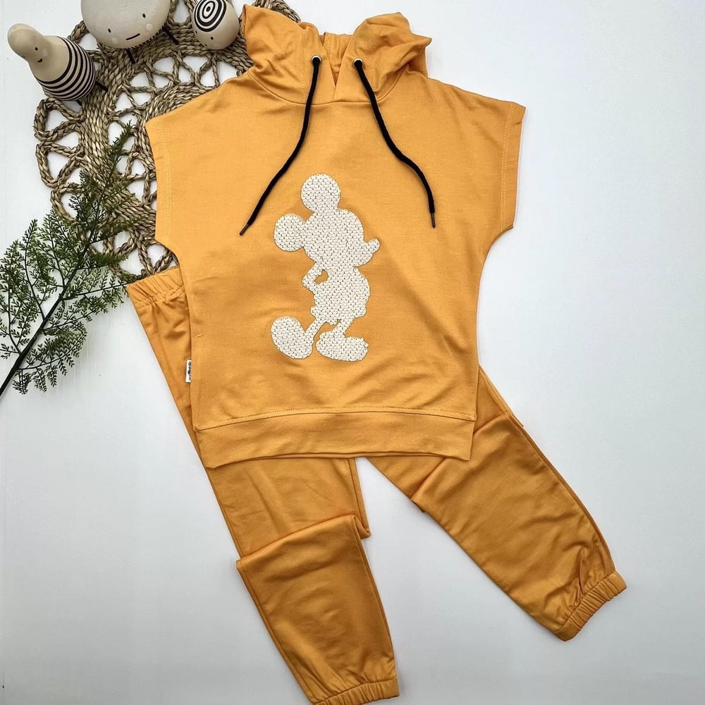 Kapşonlu Petli Mickey Desenli Kısa Kol 2li Kız Erkek Çocuk Takımı Sarı