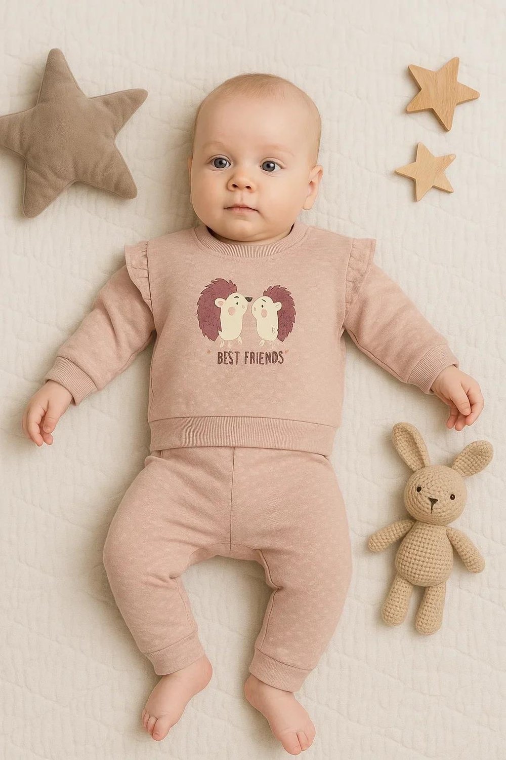 Kirpi Nakışlı % 100 Pamuk 2'li Kız Bebek Takım