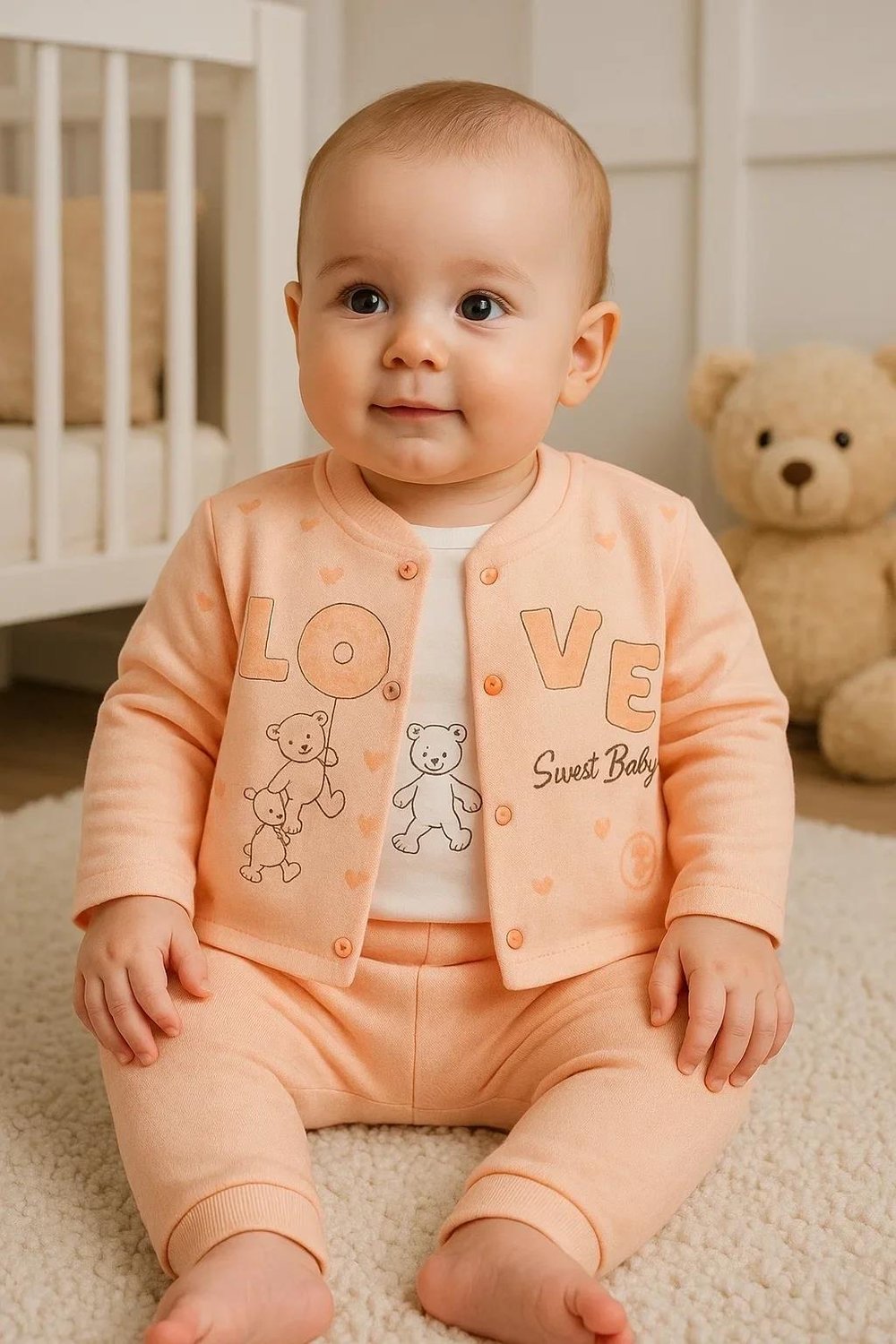 Love Tavşan Desenli Kol Detaylı 3'lü Hırkalı Kız Bebek Takım