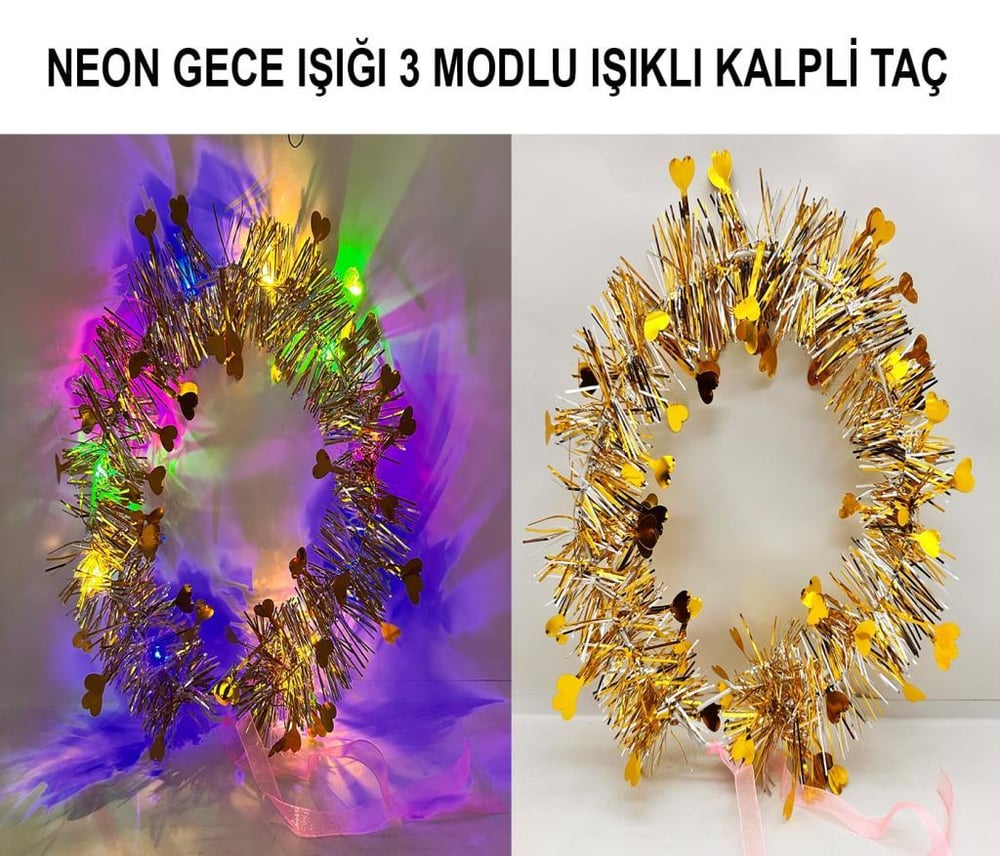 Nessiworld Kalp Püsküllü Gece Parıltısı 3 Modlu LED'li Işıklı Taç Altın Renk