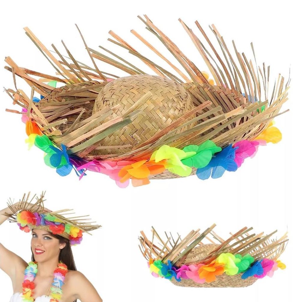 Nessiworld Naturel Renk Püsküllü Örme Hasır Hawaii Luau Aloha Şapka 13x36 cm