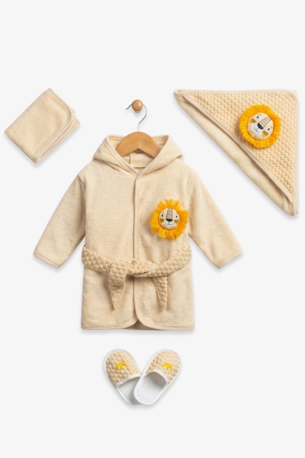 Aslan Kutulu 4 Parça %100 Organik Pamuk Bebek Bornoz Seti (Unisex)AgucukBebek Bornozları