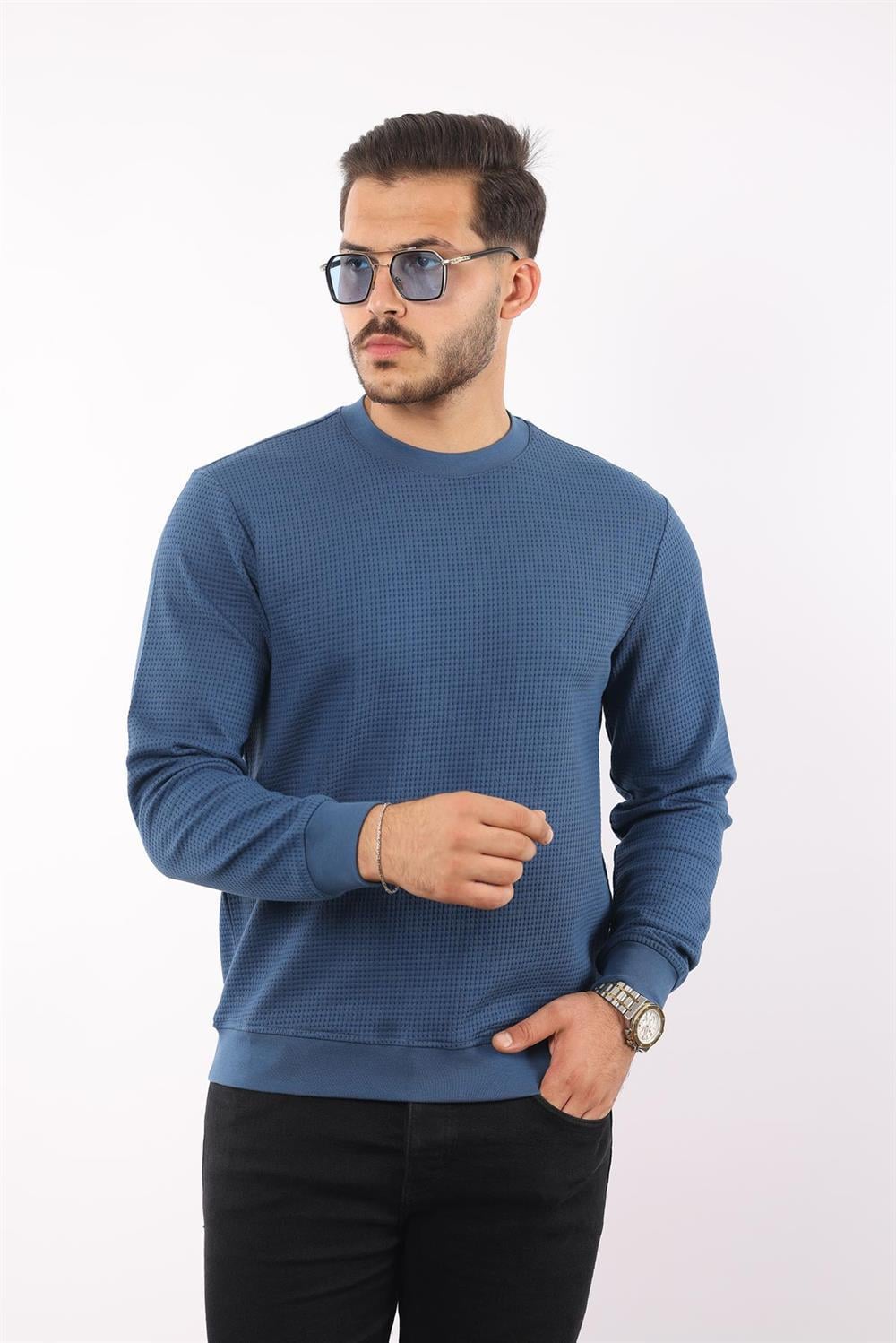 Waffle Dokuma Bisiklet Yaka Battal Sweatshirt