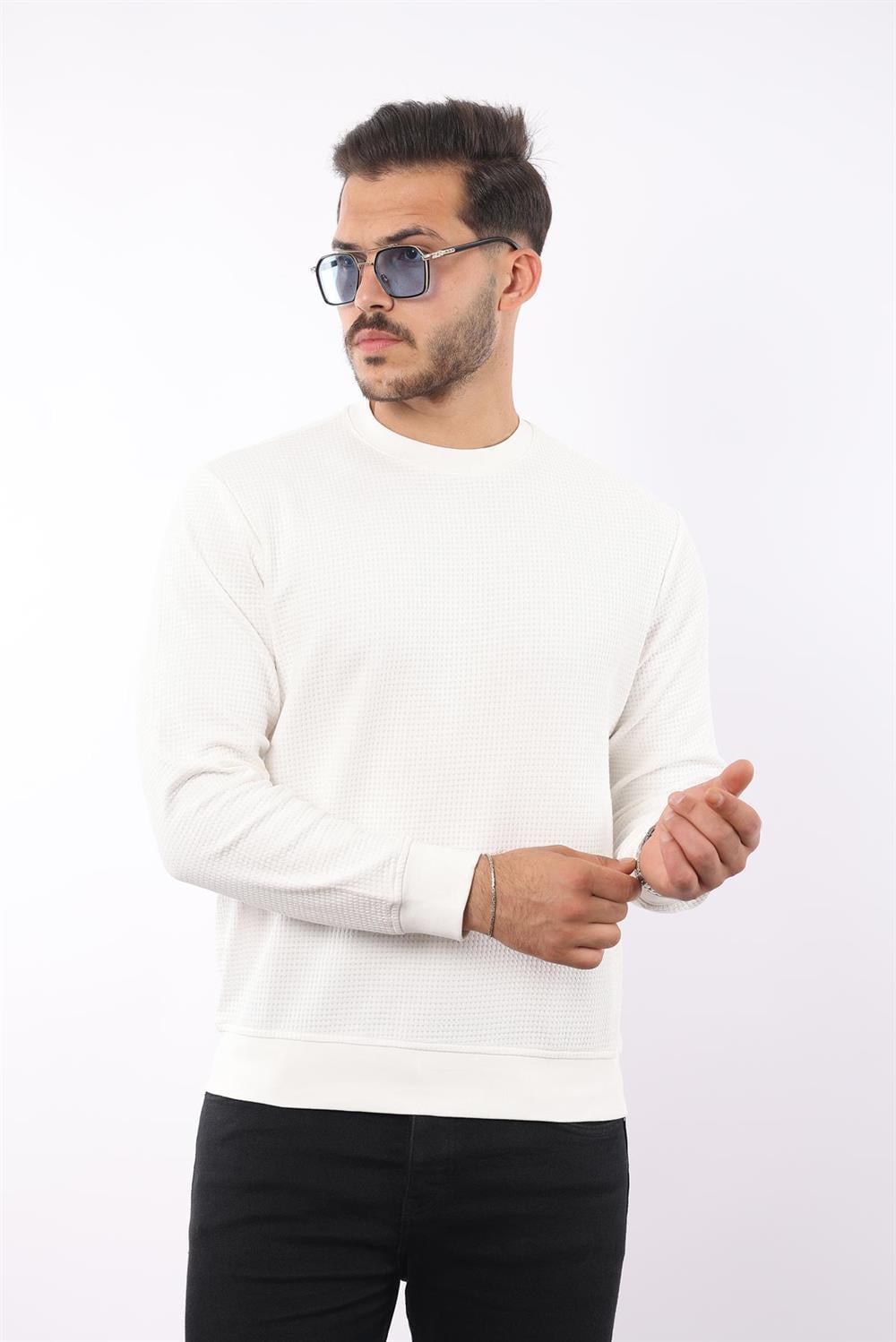 Waffle Dokuma Bisiklet Yaka Battal Sweatshirt