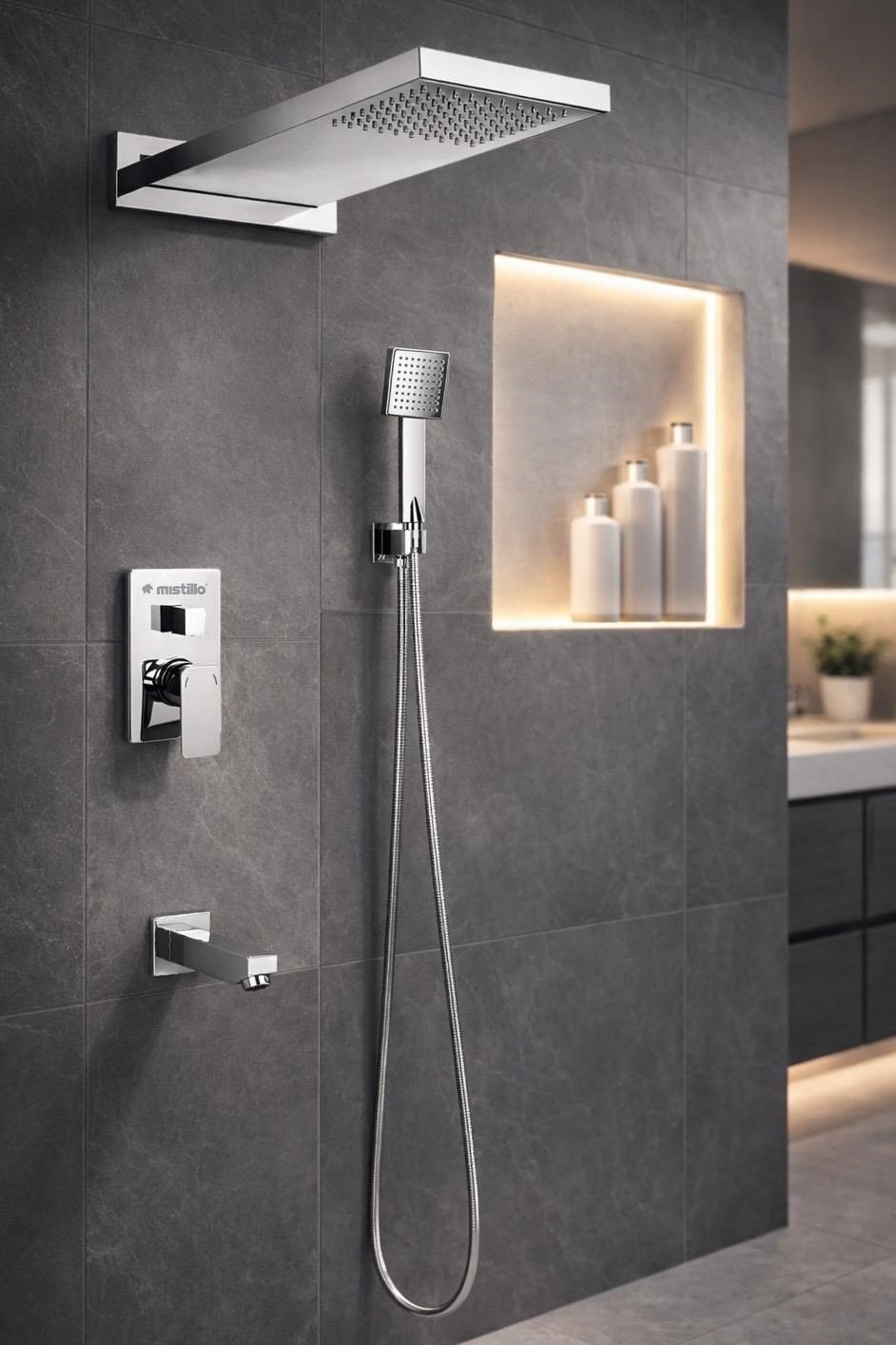 Ankastre Duş Seti 3 Yönlü Yağmur Panel 550x220 mm SUS 304 – Paslanmaz Pirinç Krom Kaplama
