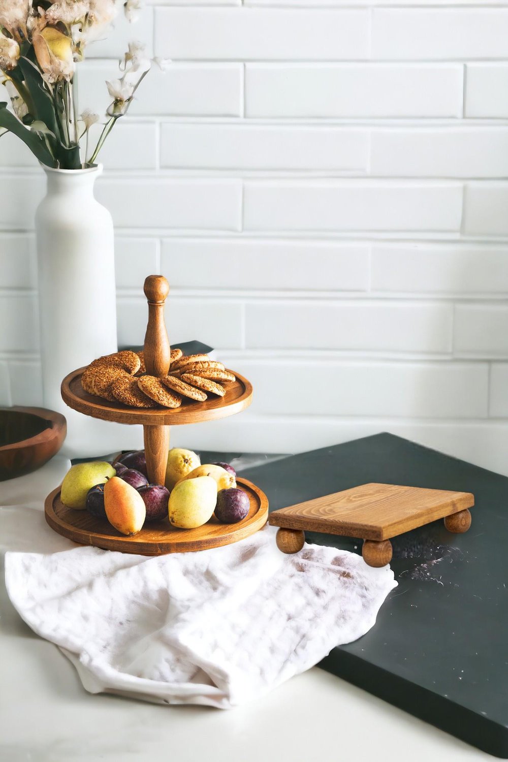 2 Li 2 Katlı Kek Stantı Ve Risus Top Ayaklı 17x25 Cm Ahşap Dikdörtgen Pasta Sunum Servis Tabağı