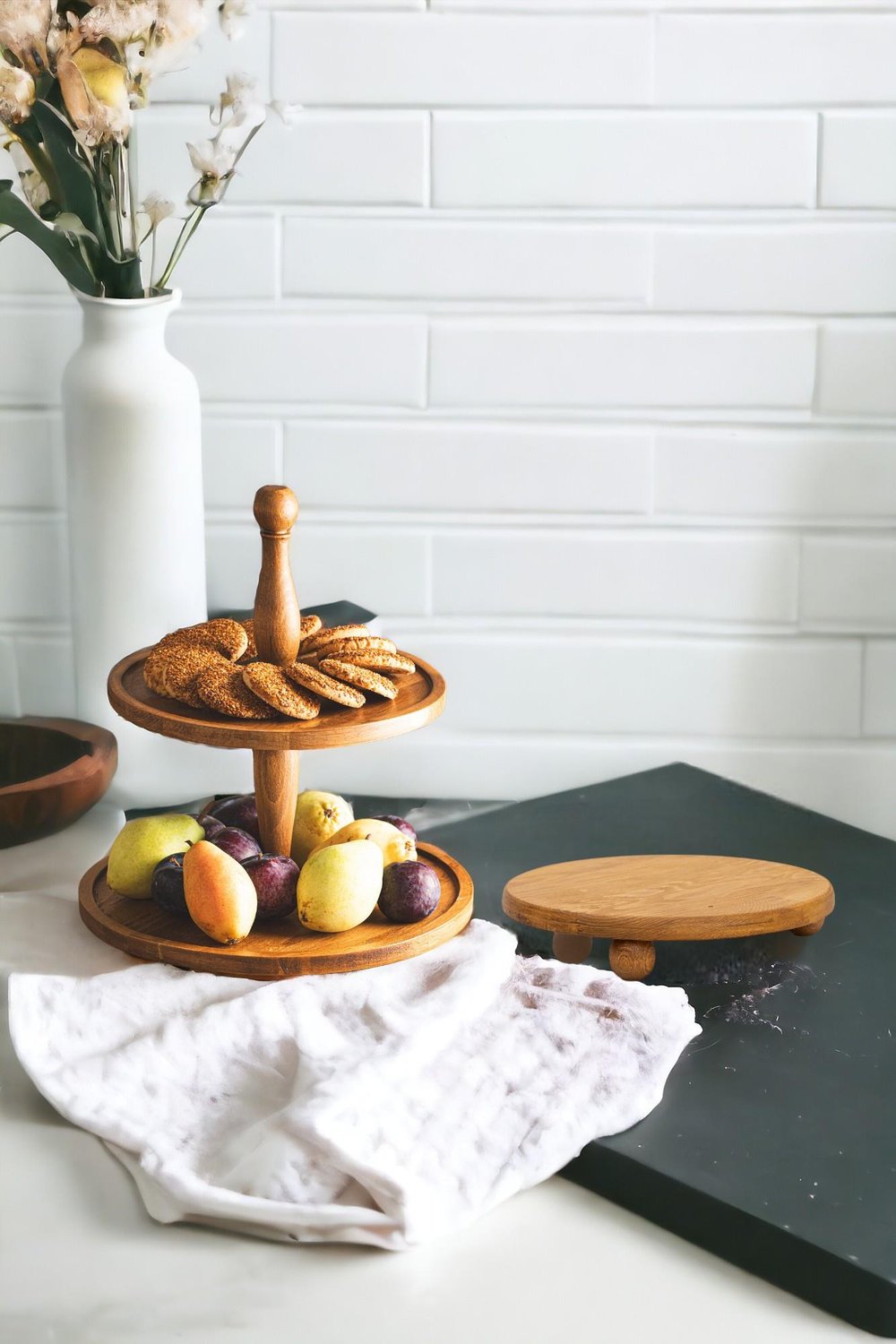 2 Li 2 Katlı Kek Stantı veRisus Top Ayaklı 25 Cm Ahşap Yuvarlak Pasta Sunum Servis Tabağı