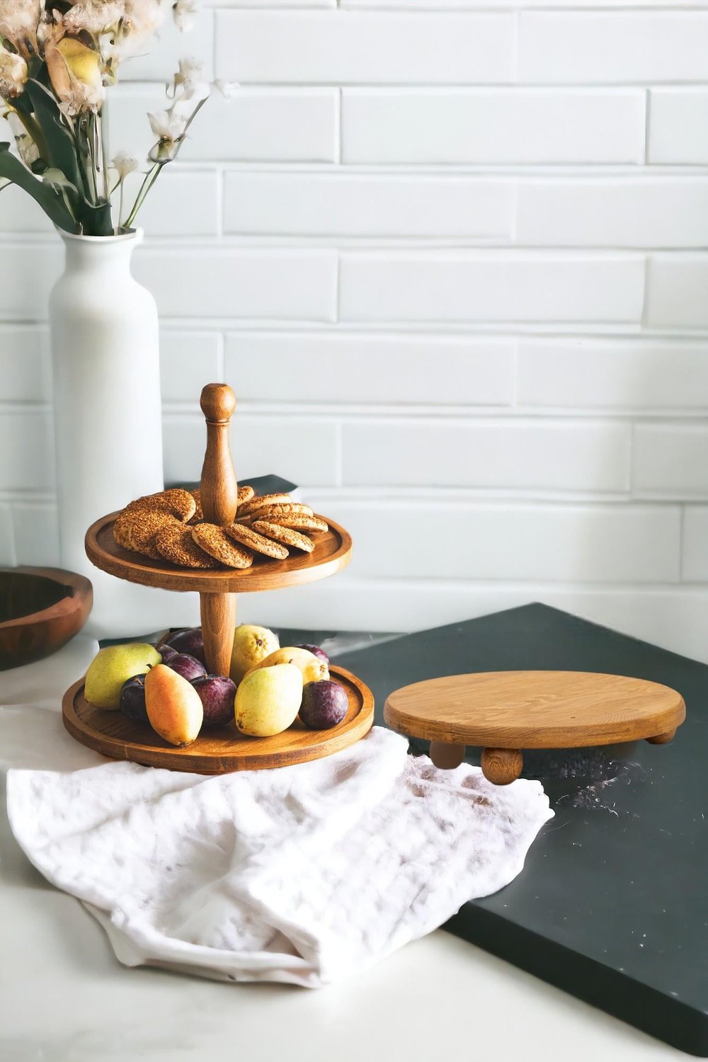 2 Li 2 Katlı Kek Stantı veRisus Top Ayaklı 29 Cm Ahşap Yuvarlak Pasta Sunum Servis Tabağı