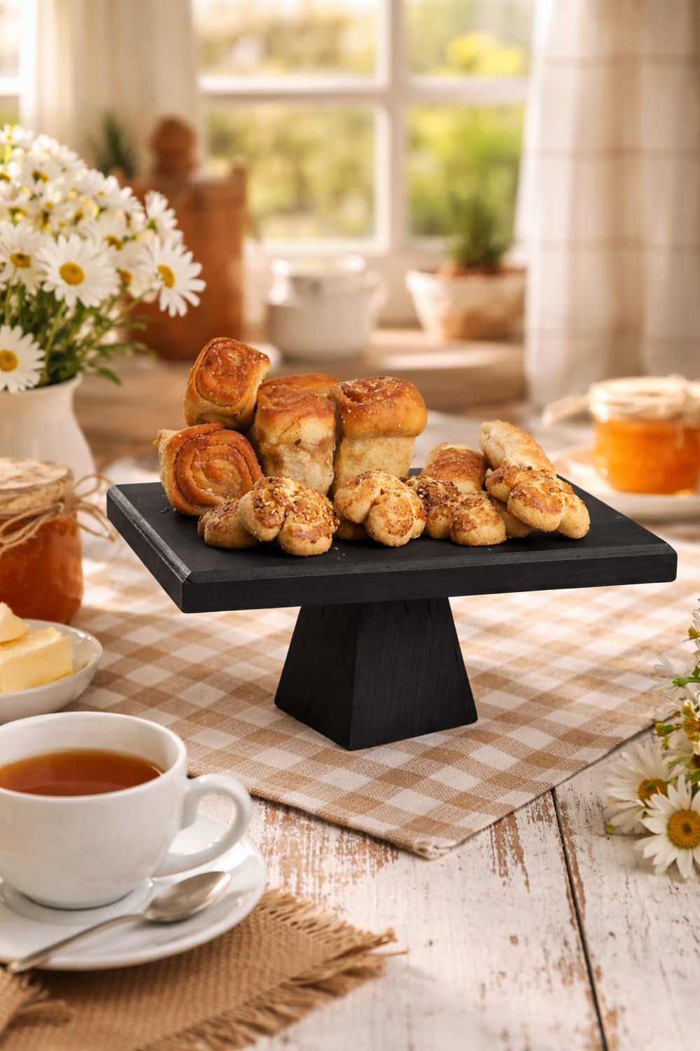 Piramit Siyah 25x25 Cm Ahşap 10 Cm Ayaklı Kare Pasta Sunum Servis Tabağı
