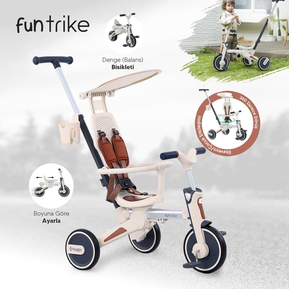 Huggy 6in1 FunTrike Siyah 3 Tekerlekli Bebek Bisikleti |Ebeveyn Kontrollü, Katlanabilir ve Denge Modlu