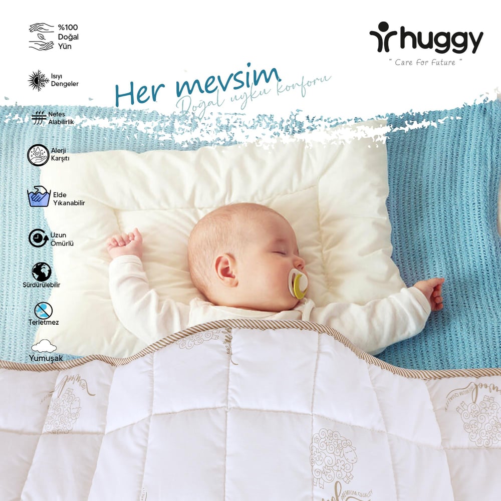 Huggy 75x125 Bebek Yorganı – %100 Yeni Zelanda Kuzu Yünü, %100 Pamuk Kumaş