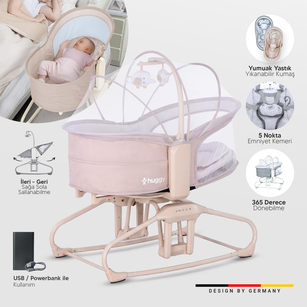 Huggy Calm All in One Çift Yönlü Bluetooth Müzikli Ana Kucağına Dönüşebilen Otomatik Sallanabilir Mini Beşik