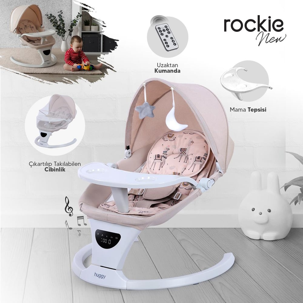 Huggy Rockie Yenidoğana Uygun Kumandalı Bluetooth Müzikli Mama Tepsili Ana Kucağı