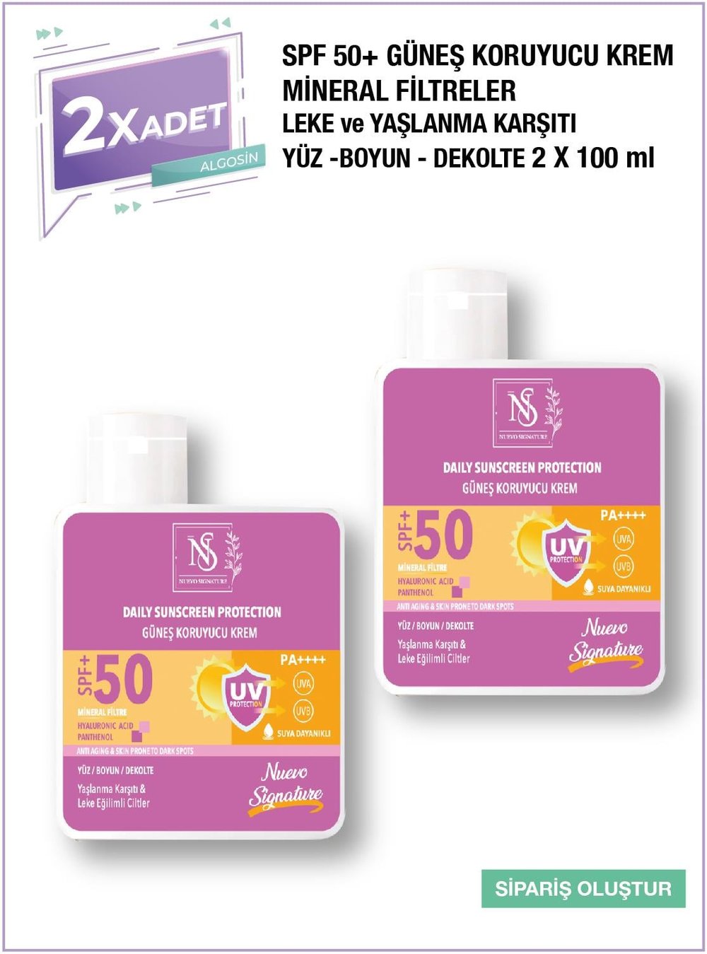 2 Adet Nuevo Signature Spf 50+ Mineral Filtre Yüksek Koruyucu Güneş Kremi 110 Ml Yüz, Boyun, Dekolte