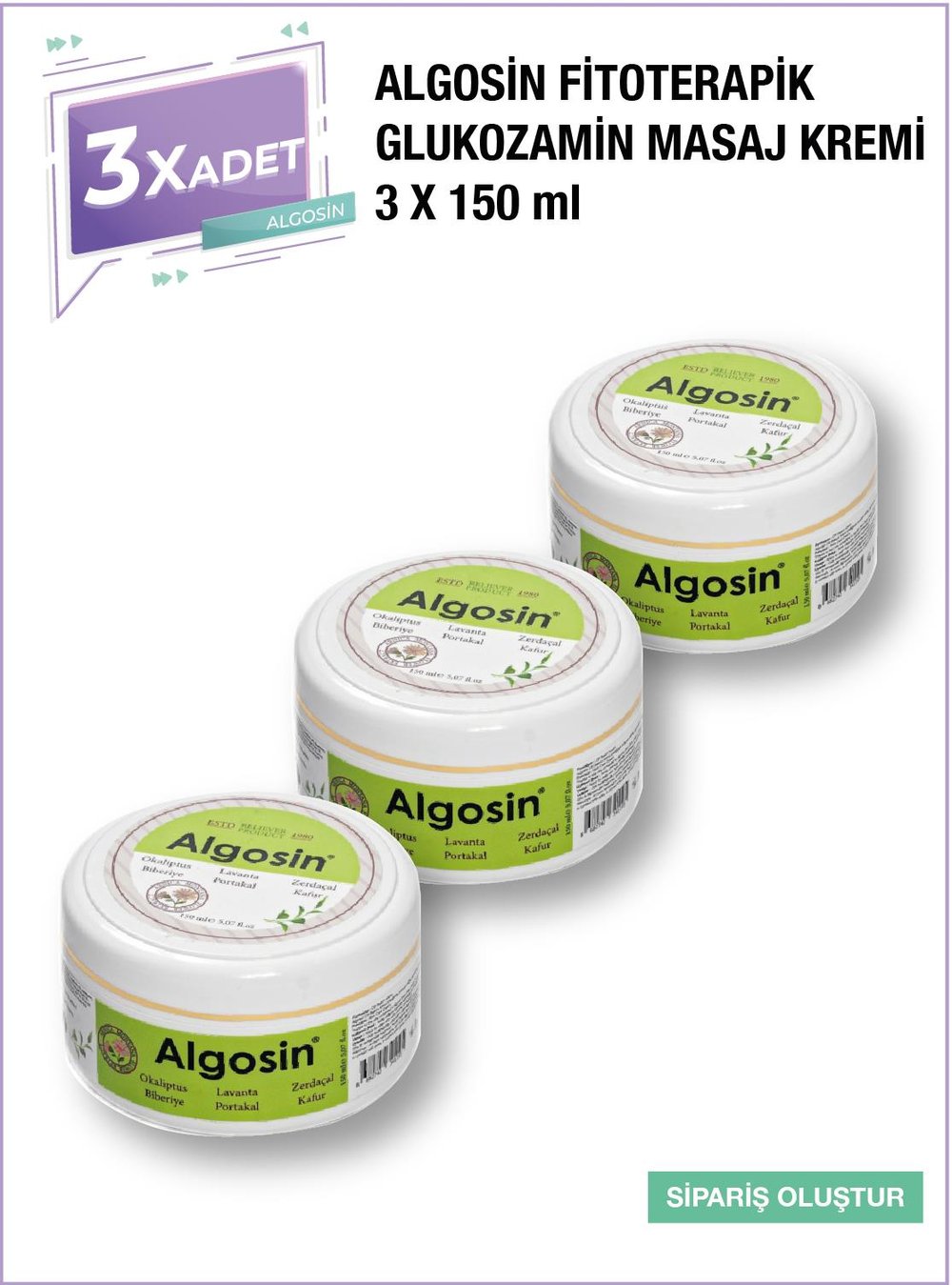 3 Adet Algosin Fitoterapik Glukozamin ve Aromatik Bitkisel Yağlar İçeren Masaj Kremi
