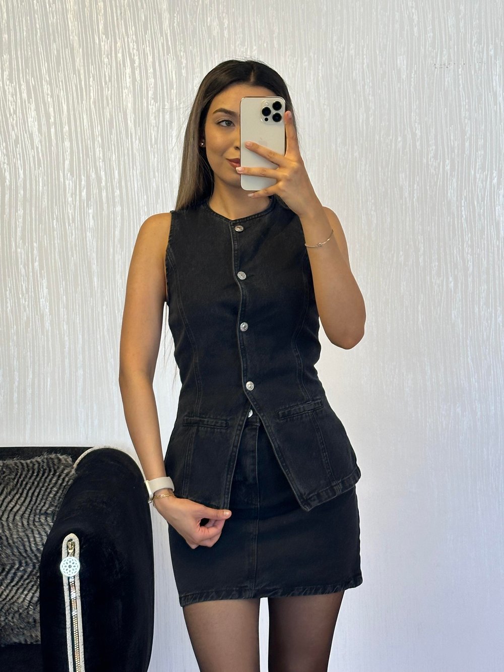 Antrasit Denim Sıfır Yaka Yelek Etek Takım