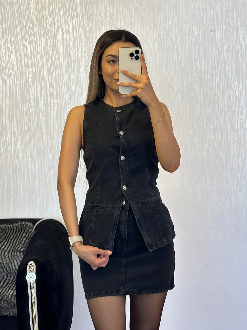 Antrasit Denim Sıfır Yaka Yelek Etek Takım