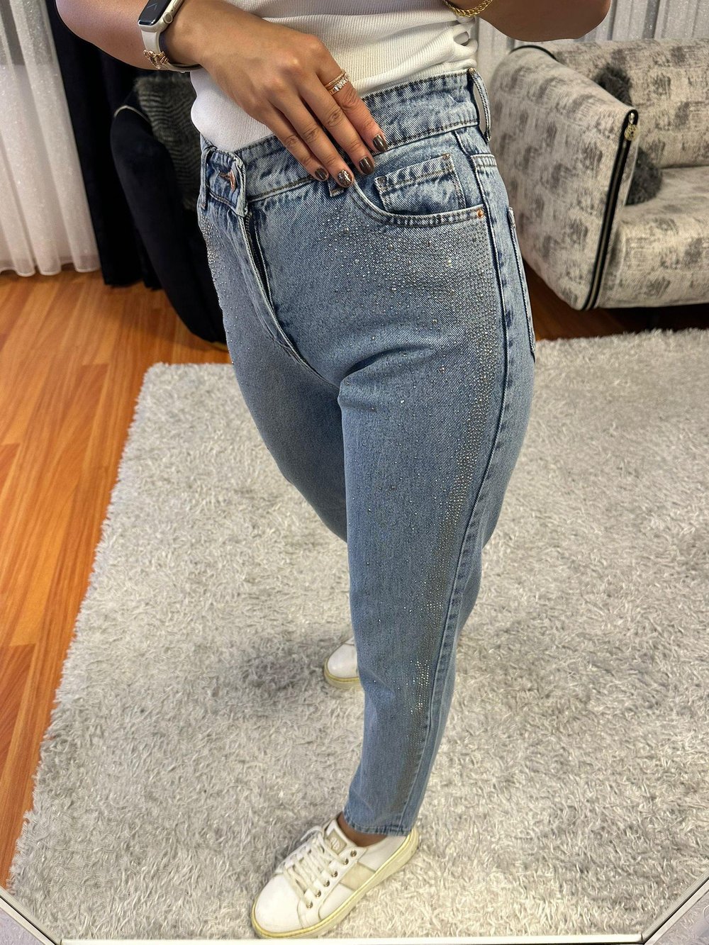 Boydan Serpme Taşlı Boyfriend Jean