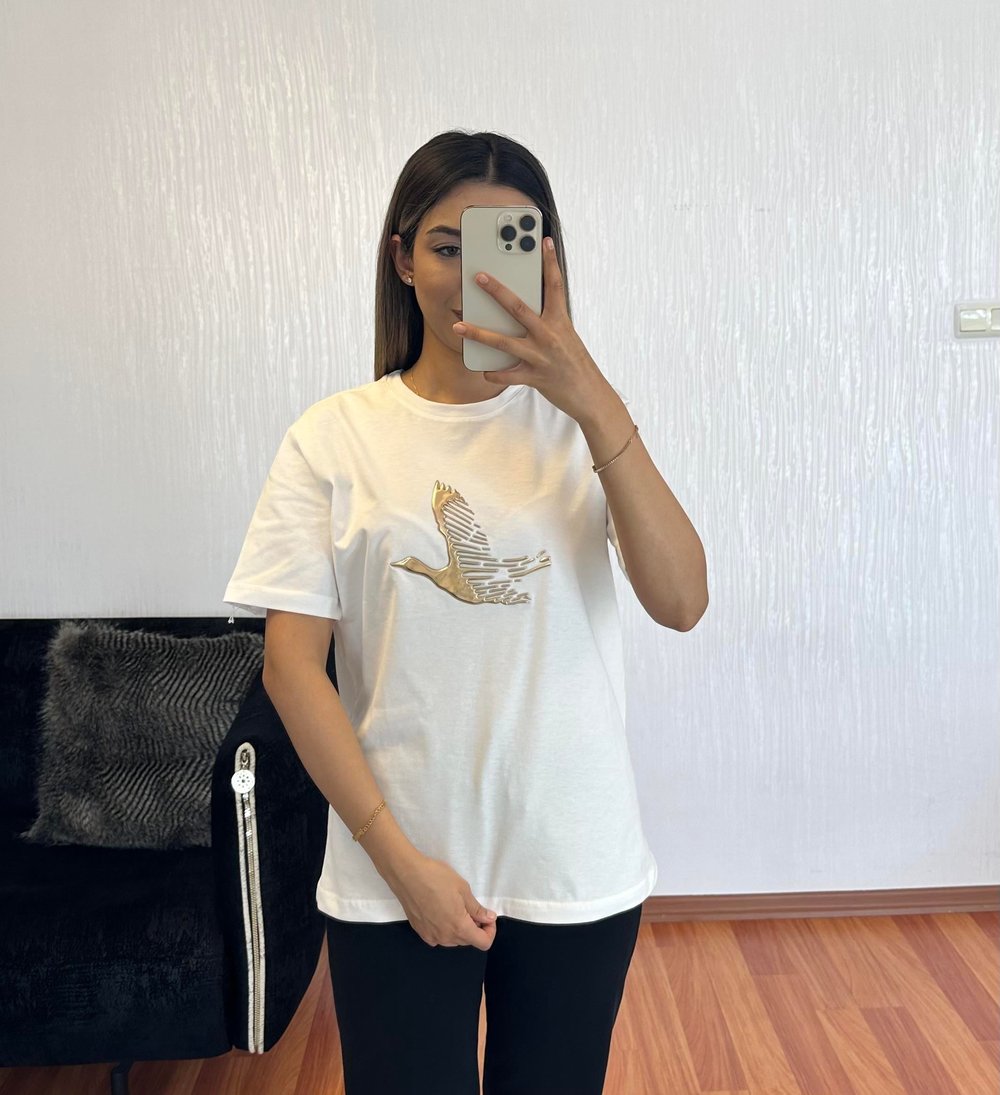 Marka Muadil Kuş Gold Kompakt T-Shirt Kırık Beyaz