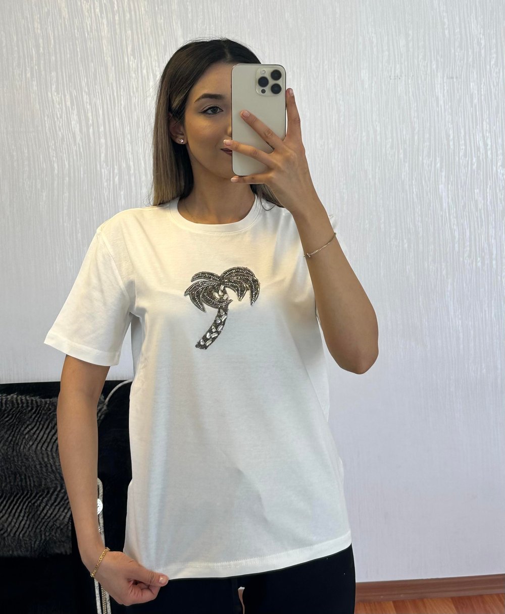 Marka Muadil Palmiye Taşlı T-Shirt Kırık Beyaz