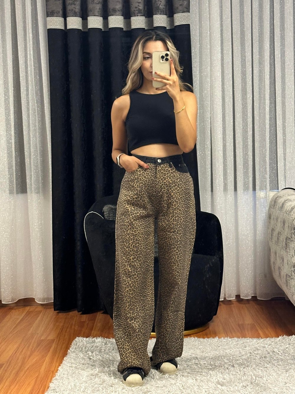 Matchli Leopar Desen Bol Paça Pantolon Bej