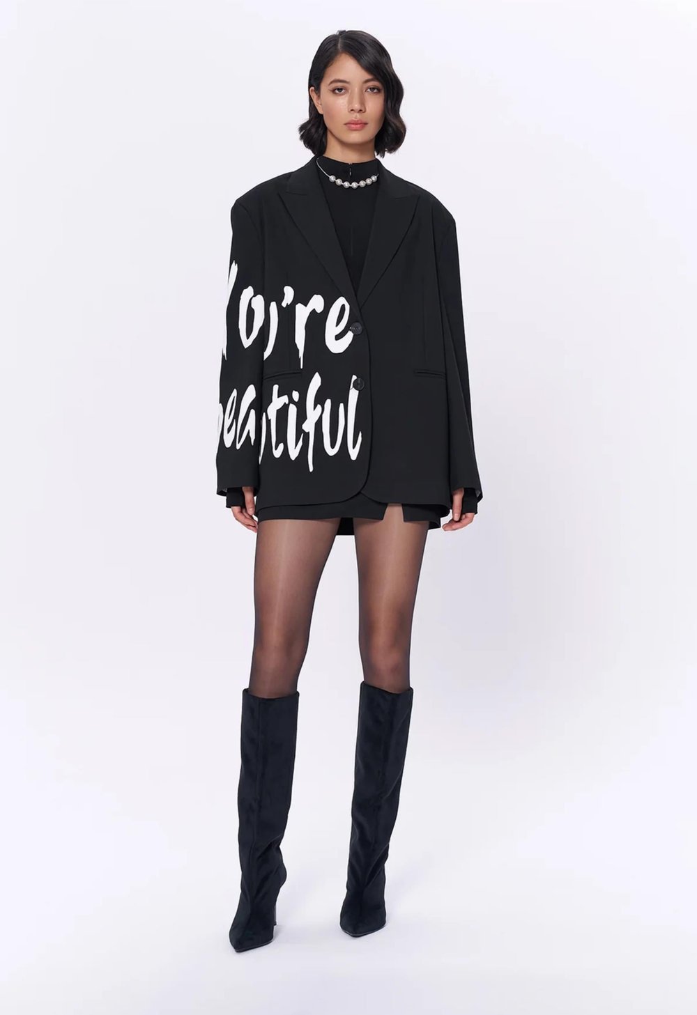 Oversize Baskı Detaylı Blazer Ceket Siyah
