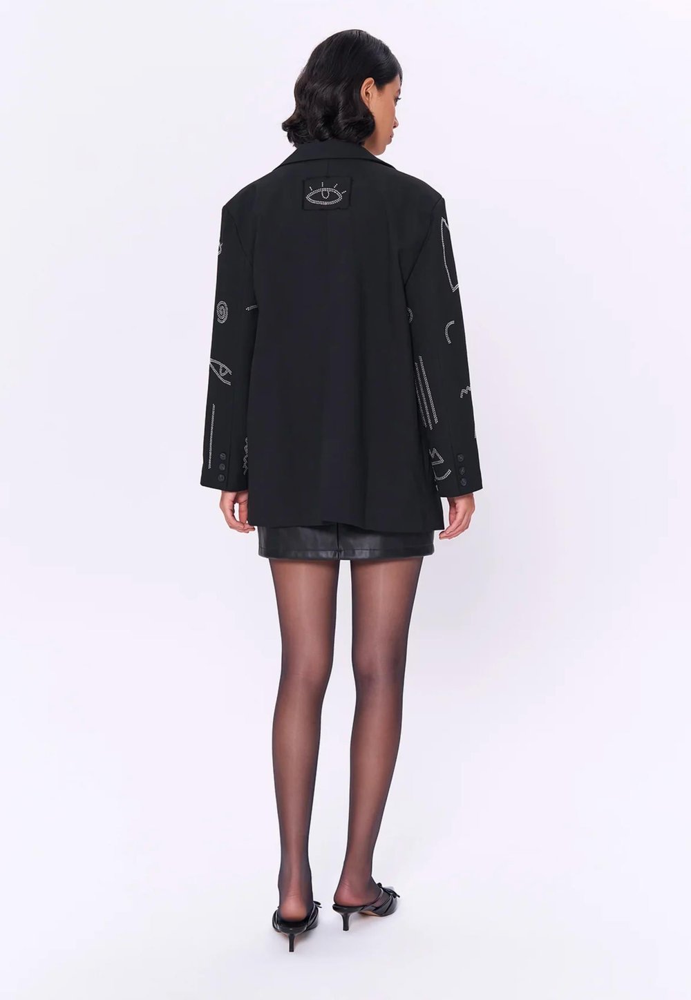Taşlı Desen Kruvaze Yaka Oversize Blazer Ceket Siyah