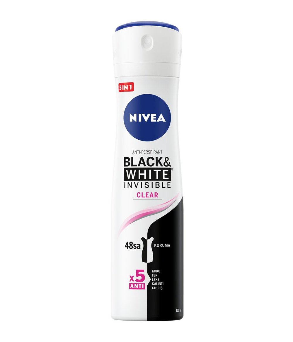 NIVEA Women - Kadın Deodorant - Black & White Invisible Clear Kadın Sprey Deodorant 150 ML - Terlemeye Karşı 72 Saate Kadar Derma Aktif Koruma
