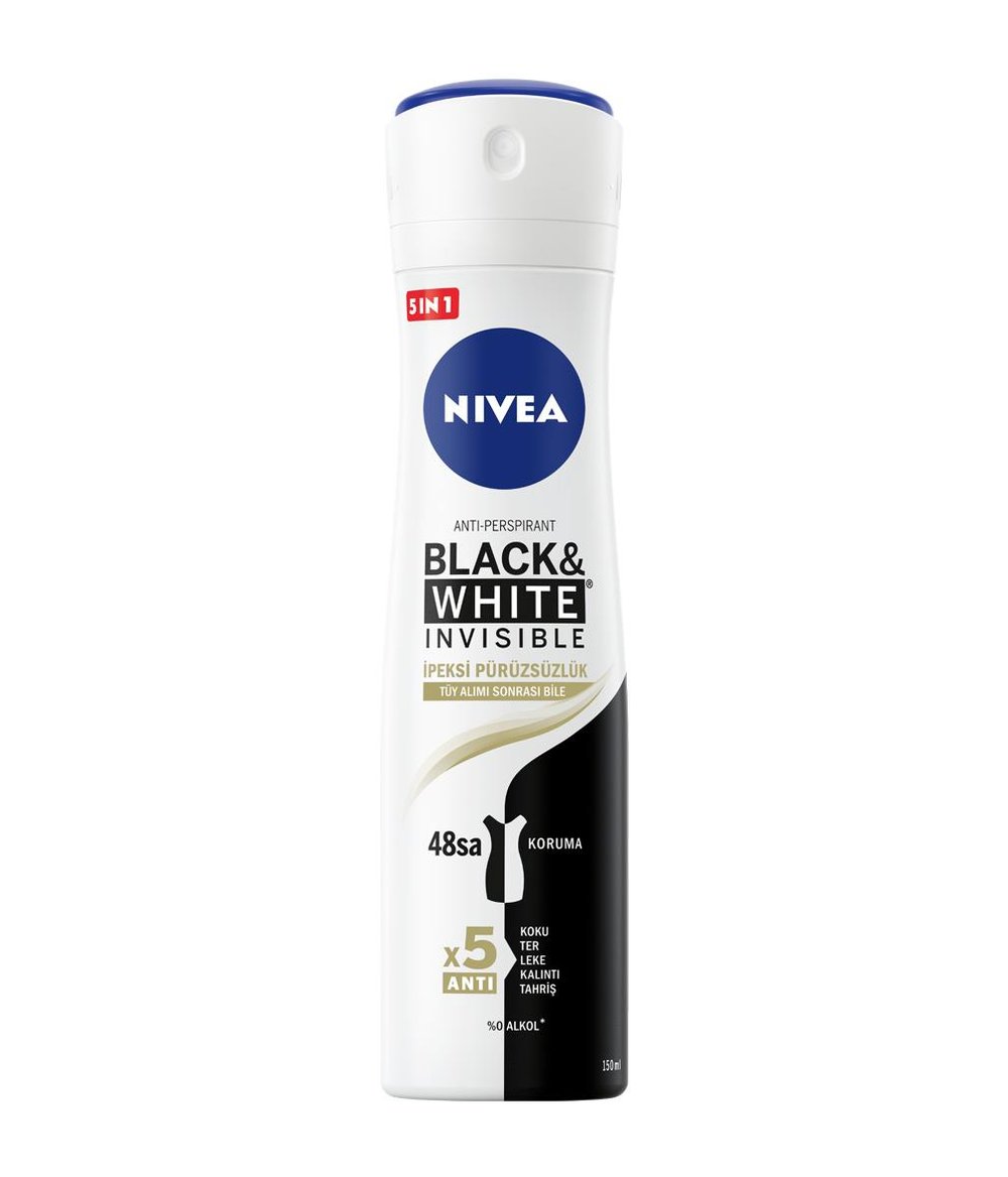 NIVEA Women - Kadın Deodorant - Black & White Invisible İpeksi Pürüzsüzlük Kadın Sprey Deodorant 150 ML - Hızlı Kuruma ve Ter Kokusuna Karşı 48 Saate Kadar Etkin Performans