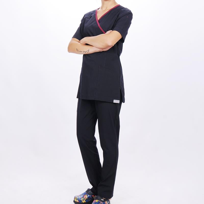 Formteks Kadın SPA  Hemşire Scrubs  Takım  Likralı Terry Cotton Lacivert-Bordo Biyeli