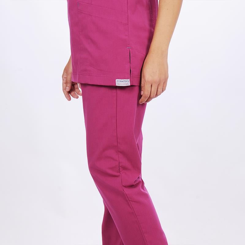 Formteks Kadın SPA  Hemşire Scrubs  Takım Likralı Terry Cotton Fuşya-İndigo Biyeli