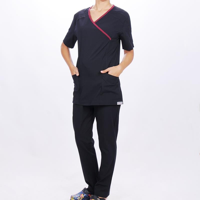 Formteks Kadın SPA  Hemşire Scrubs  Takım  Likralı Terry Cotton Lacivert-Bordo Biyeli