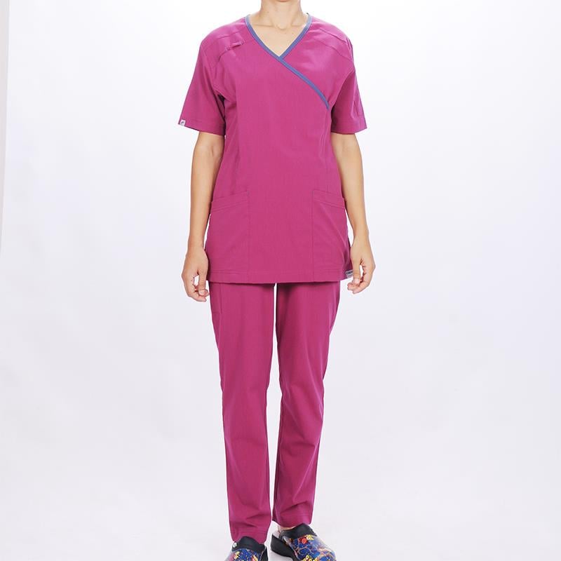 Formteks Kadın SPA  Hemşire Scrubs  Takım Likralı Terry Cotton Fuşya-İndigo Biyeli