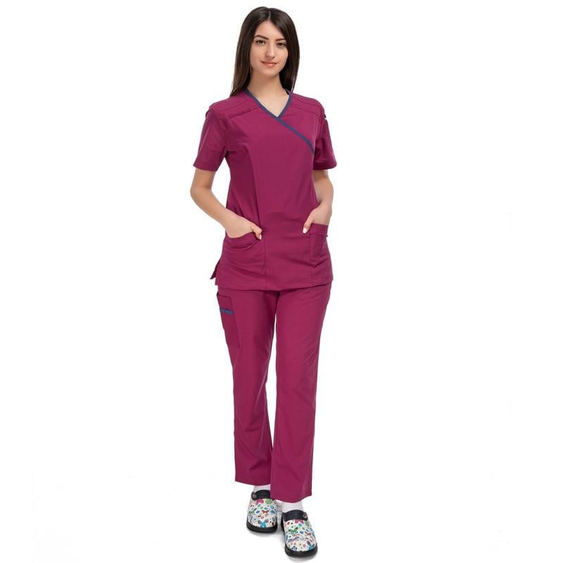 Formteks Kadın SPA  Hemşire Scrubs  Takım Likralı Terry Cotton Fuşya-İndigo Biyeli