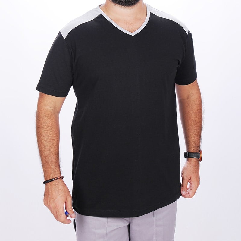 Formteks V Yaka Omuz Garnili Tshirt Siyah-Gri