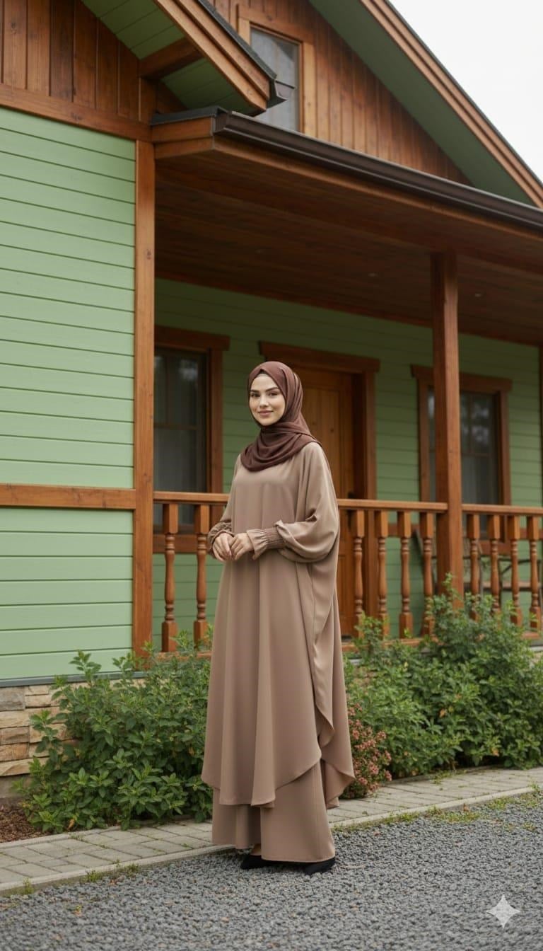 ASALET Kadın Tesettür İkili Takım Yarasa Kol, Oversize Tunik, Bol Paça Pantolon Bej