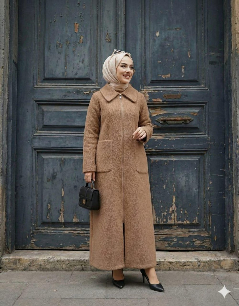 GALA Buklet Dokulu Fermuarlı Tesettür Kaban – Gömlek Yakalı, Uzun, Rahat Kesim Kışlık Kaban