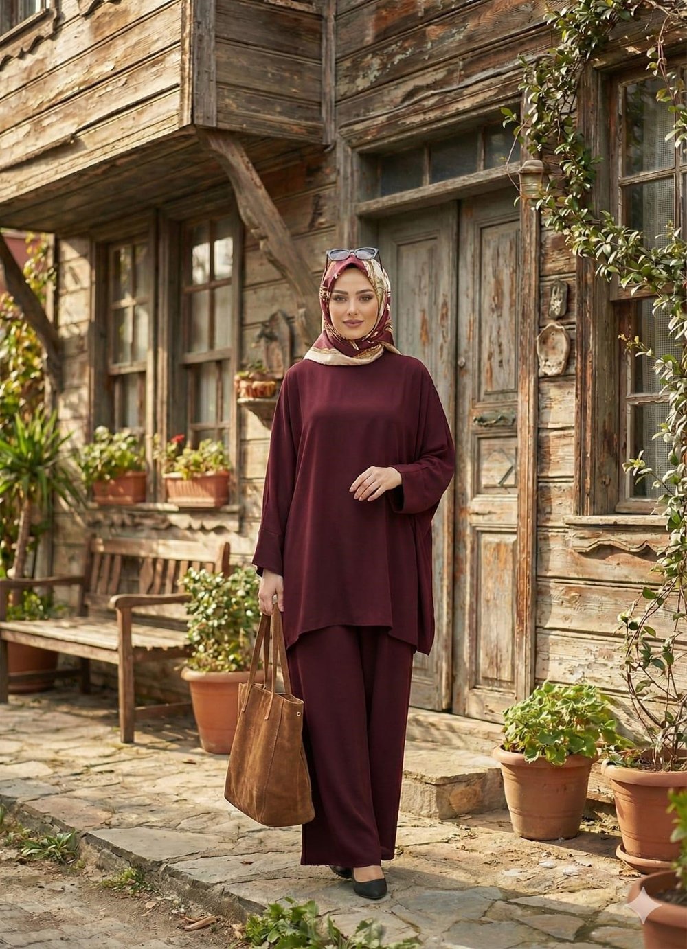 KALENA Kadın Tesettür İkili Takım Krep Kumaş, Dökümlü Tunik, Bol Paça Pantolon Bordo