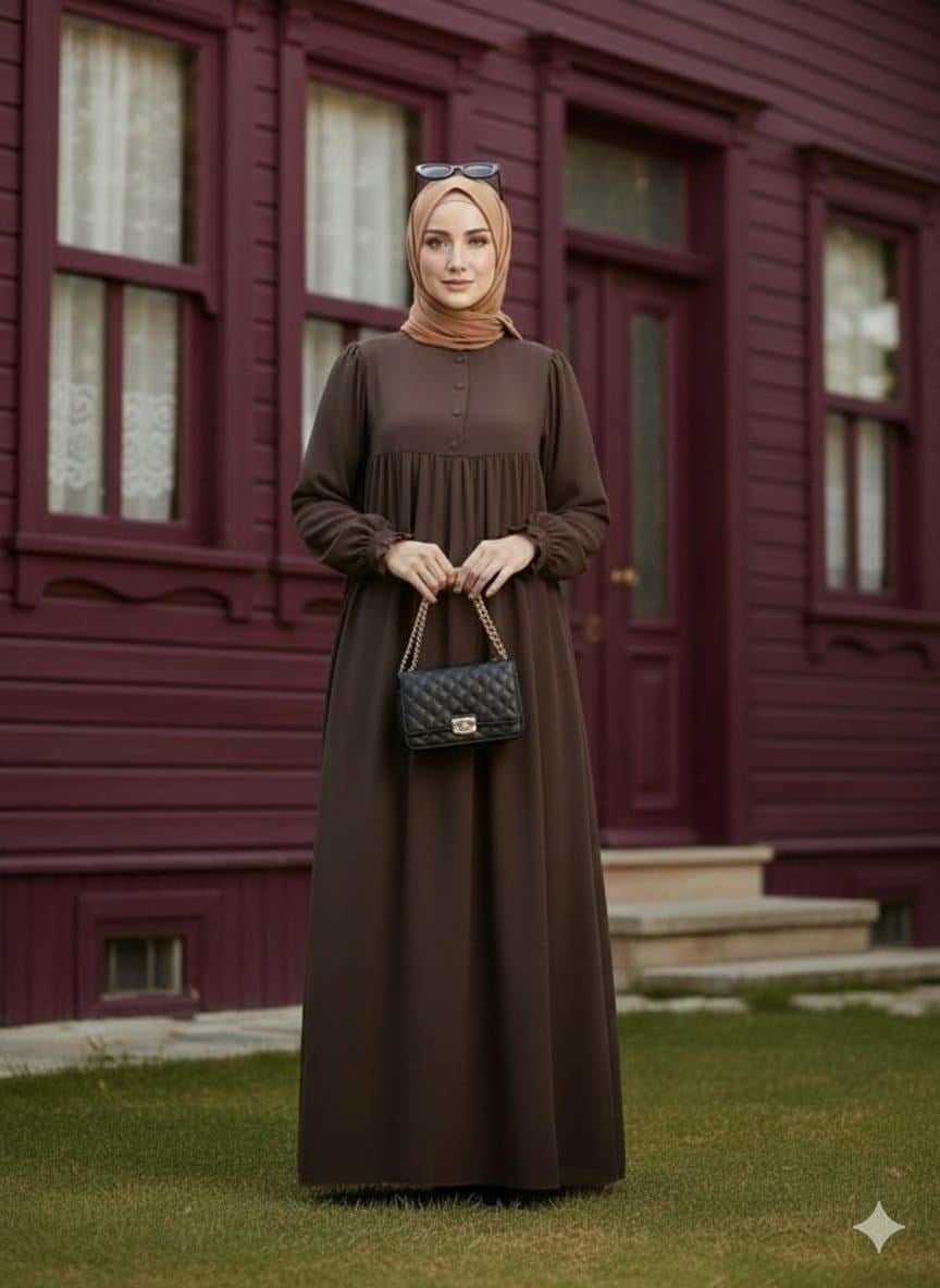 Robalı Tesettür Elbise Kahverengi