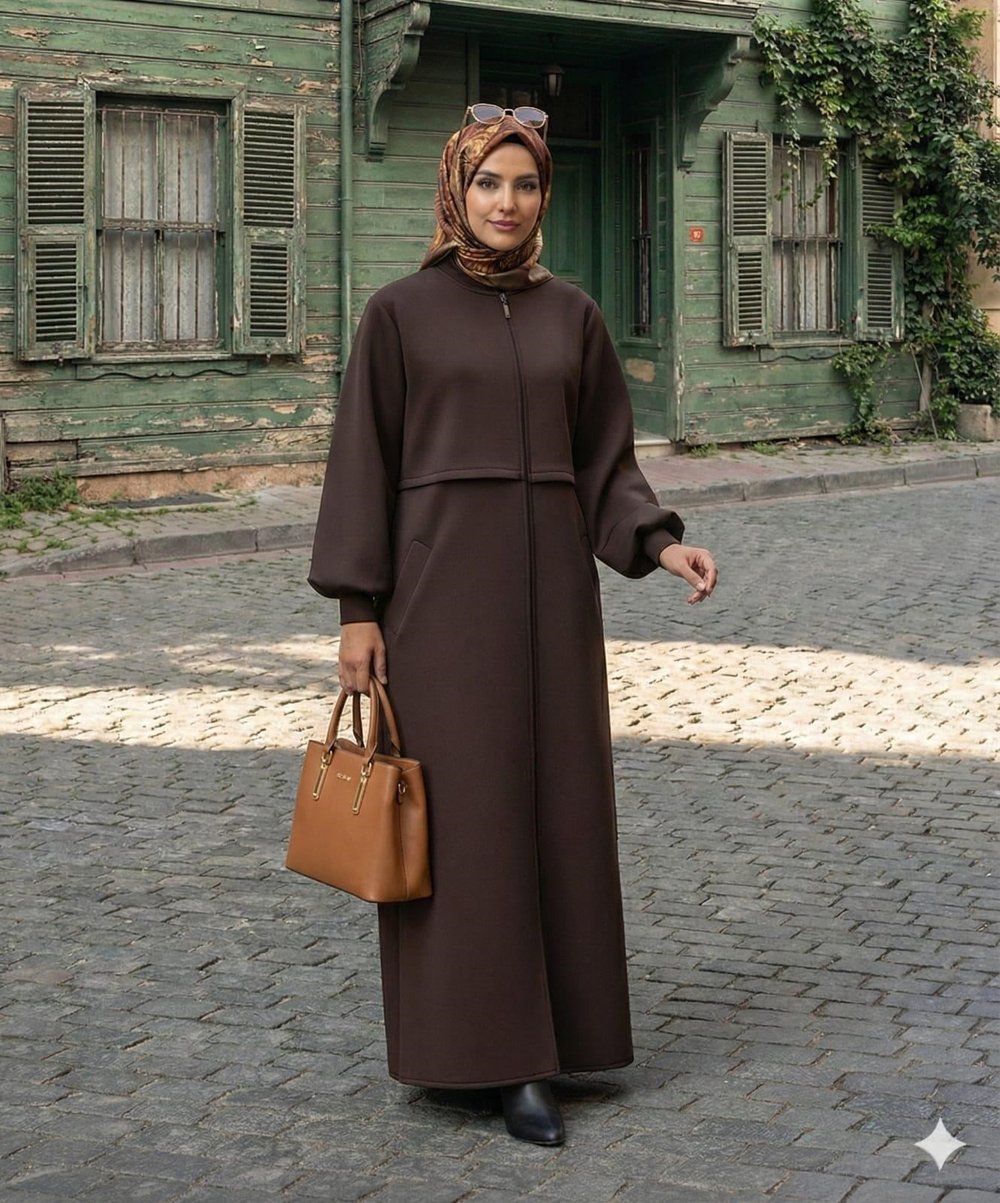 URBAN MODEST Fermuarlı Ribana Detaylı Kaban Kahverengi