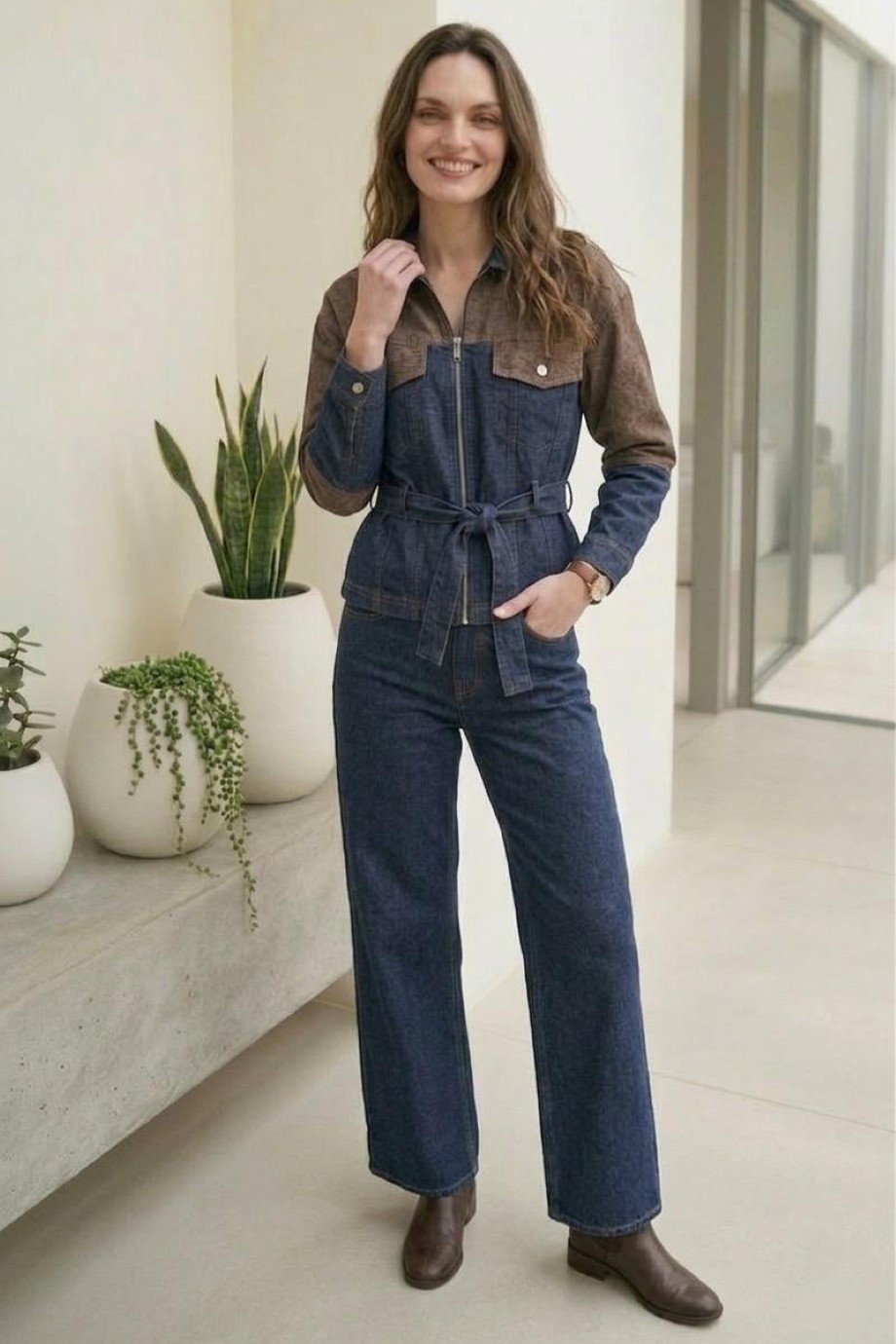 Kadın Çift Renk Denim Kuşaklı İkili Takım