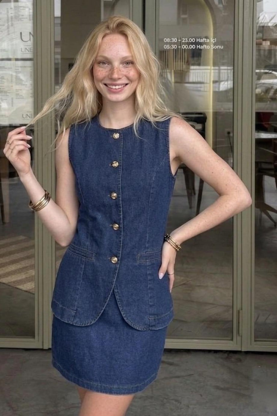 Kadın Denim Yelek Etek Denim Takım