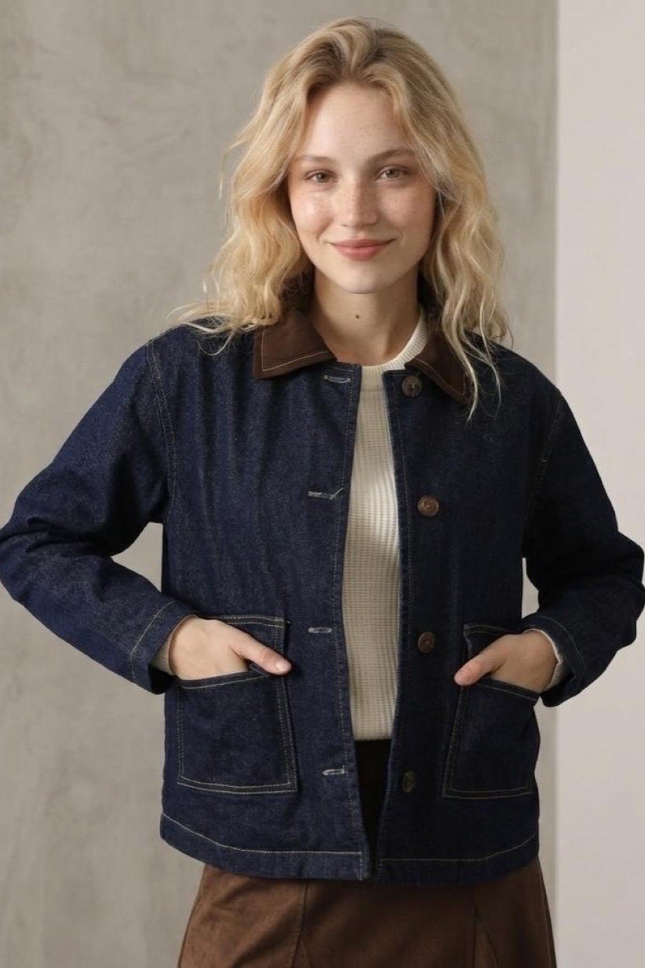 Kadın Yakası Kontrast Denim Oversize Ceket