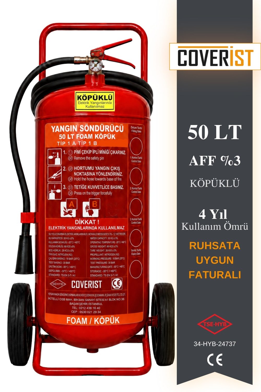 50 KG Köpüklü Yangın Söndürme Tüpü Ruhsata Uygun Faturalı Yeni Üretim - Coverist