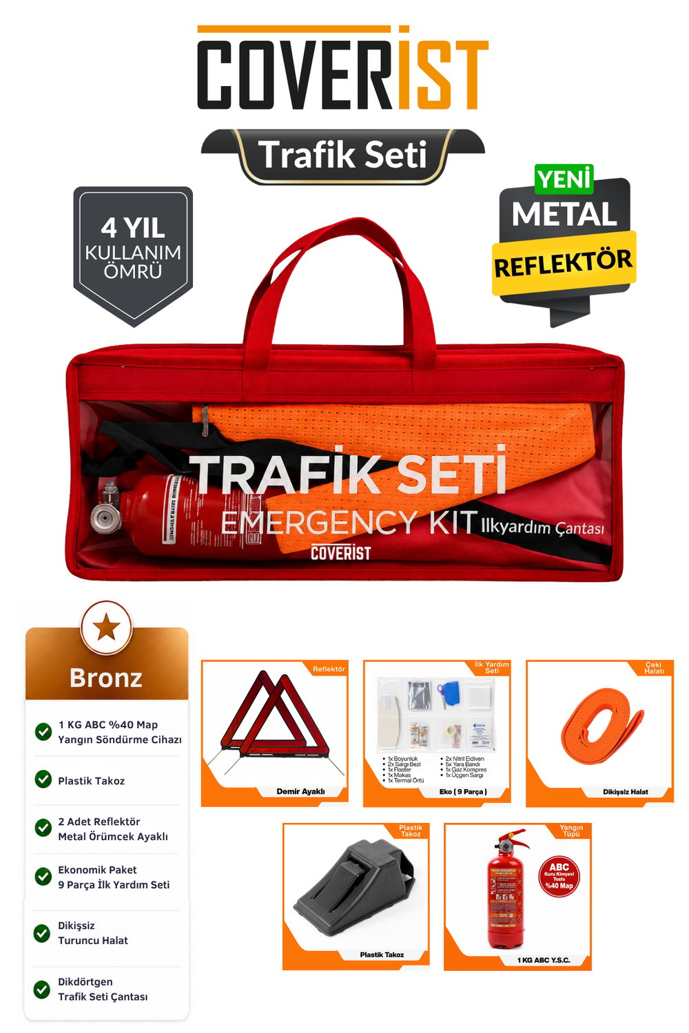 Trafik ve İlk Yardım Seti - Muayene Uyumlu 1 KG Araç Yangın Tüpü - 2 Adet Reflektör - Bronze Pack