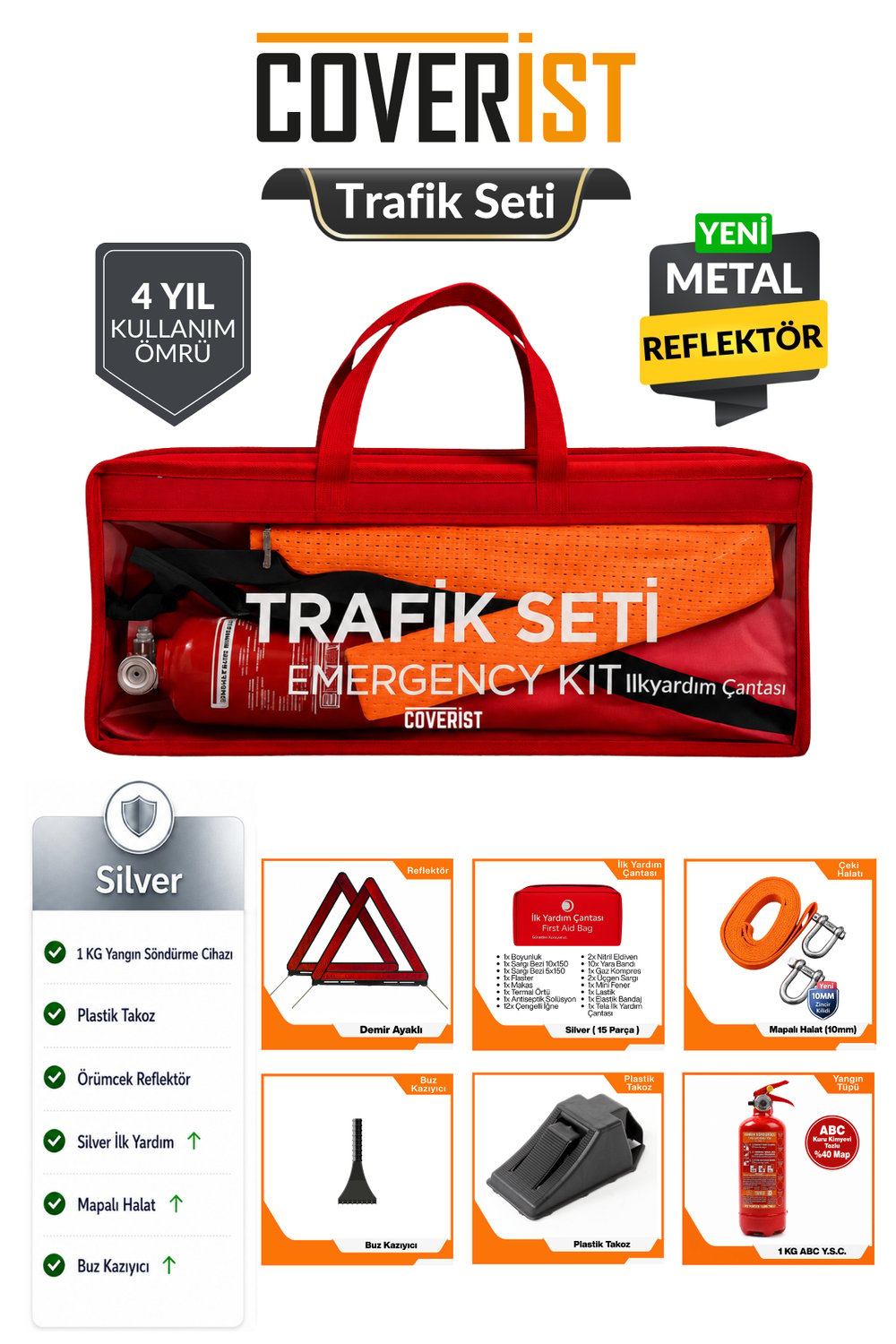 Trafik ve İlk Yardım Seti - Muayene Uyumlu 1 KG Araç Yangın Tüpü - 2 Adet Reflektör - Silver Pack