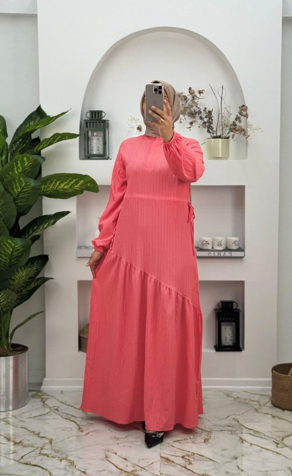 1249 Yeni Sezon Krinkil Kumaş Asimetrik Kesim Etek Yanları İpli Model Renk Pembe