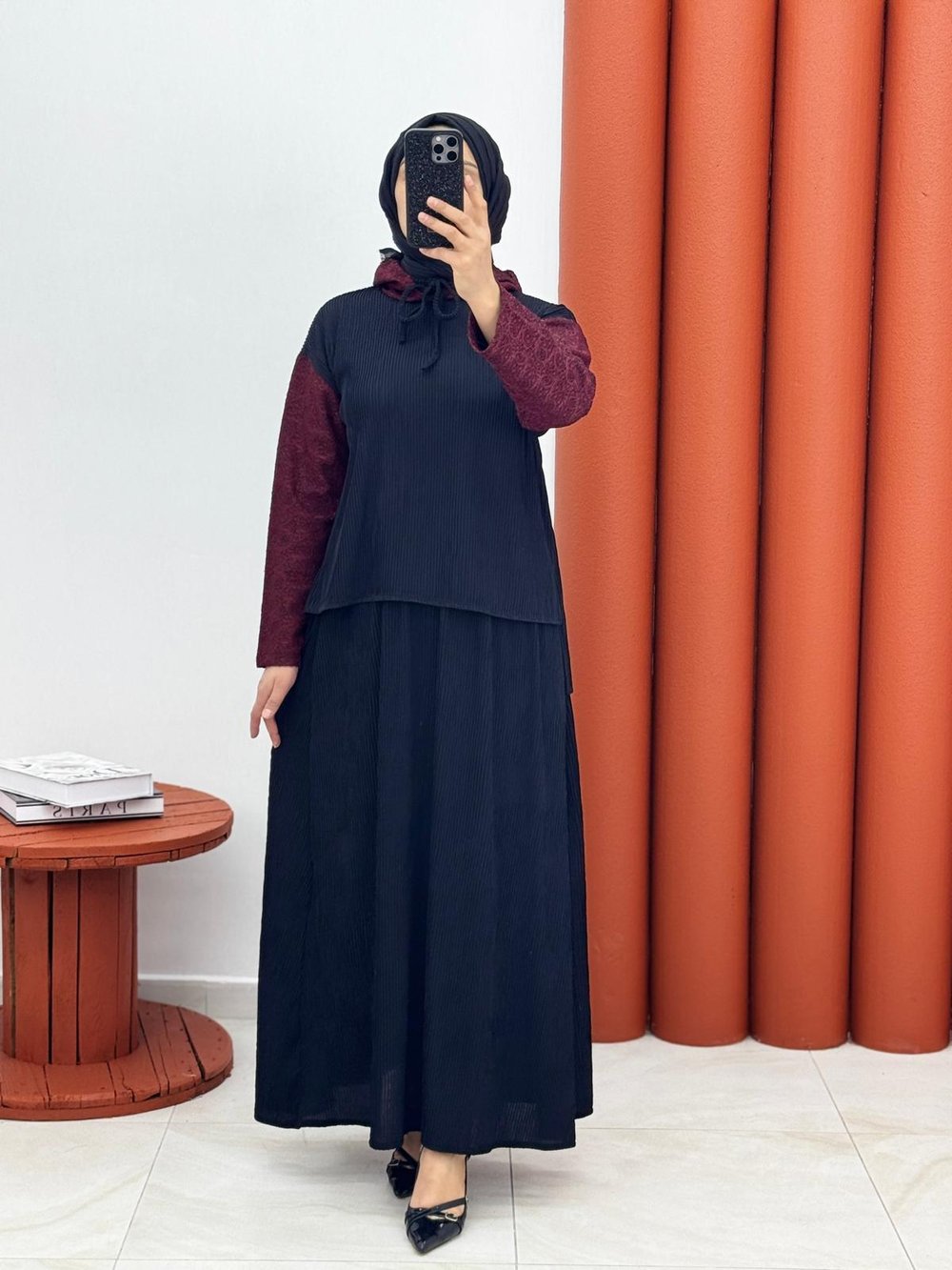9076 burgu kapşonlu kolu desenli bordo