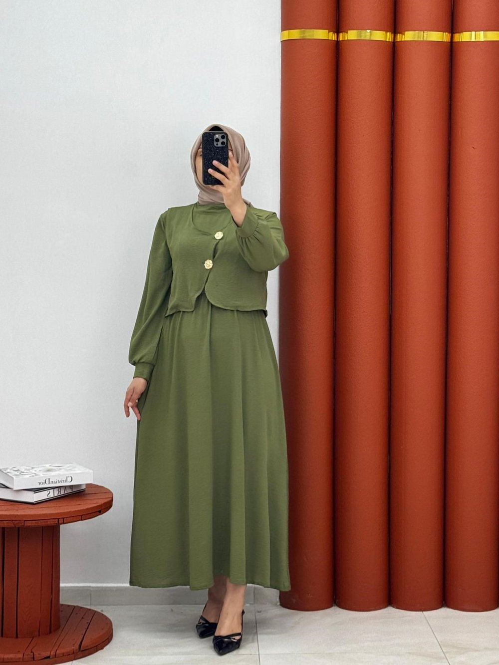 7698 Airobin kumaş yelekli elbise yeşil